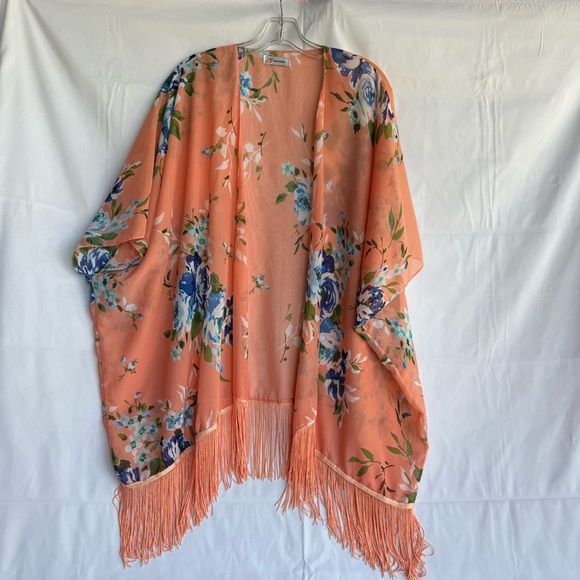 Soul Young Sweaters - Orange and Blue Kimono Robe with Fringe
